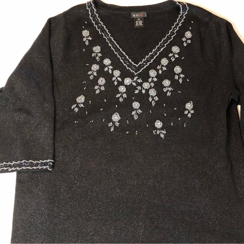 Evie black glitter floral beaded 3 quarter sleeve sweater women’s 2x silk
